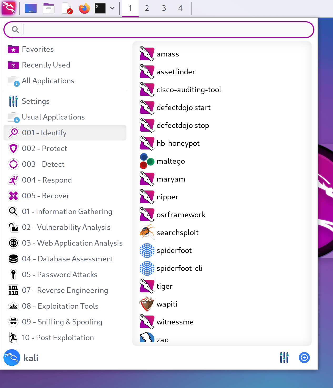 Kali Purple menu