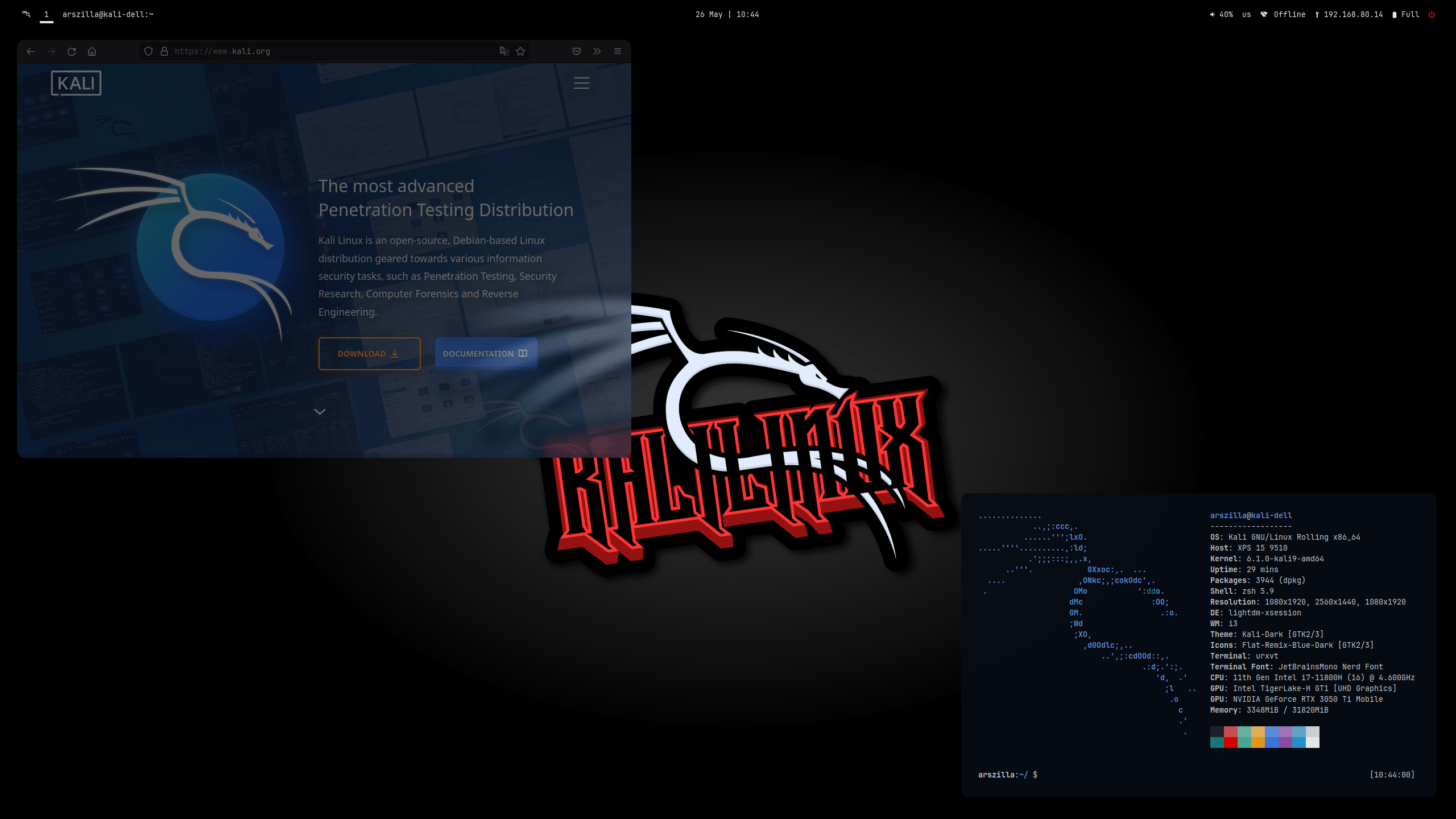 Kali 2023.2 i3 desktop with floating windows
