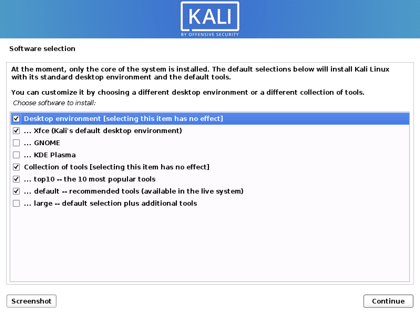 Kali Linux software and DE selection