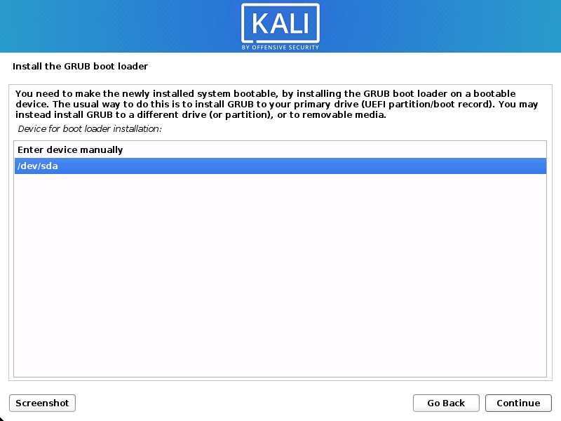 Kali Linux install GRUB boot loader