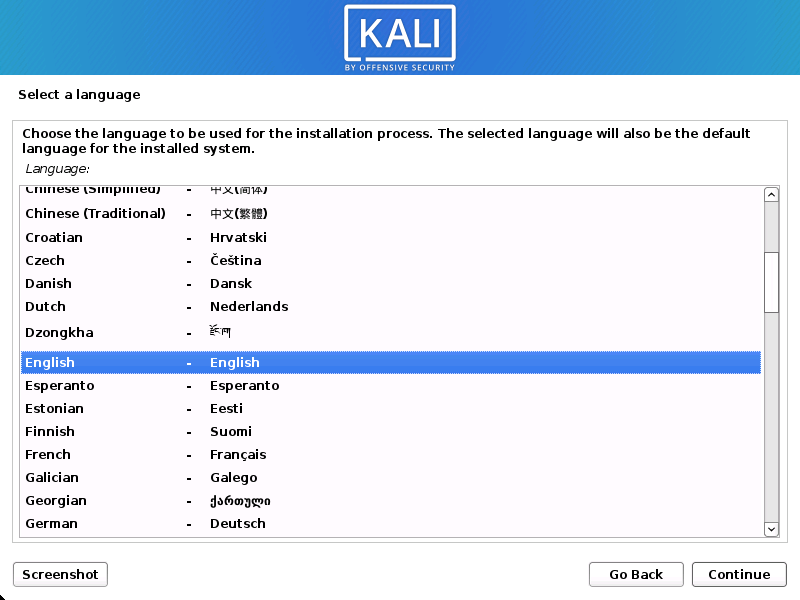 Kali Linux choosing Language