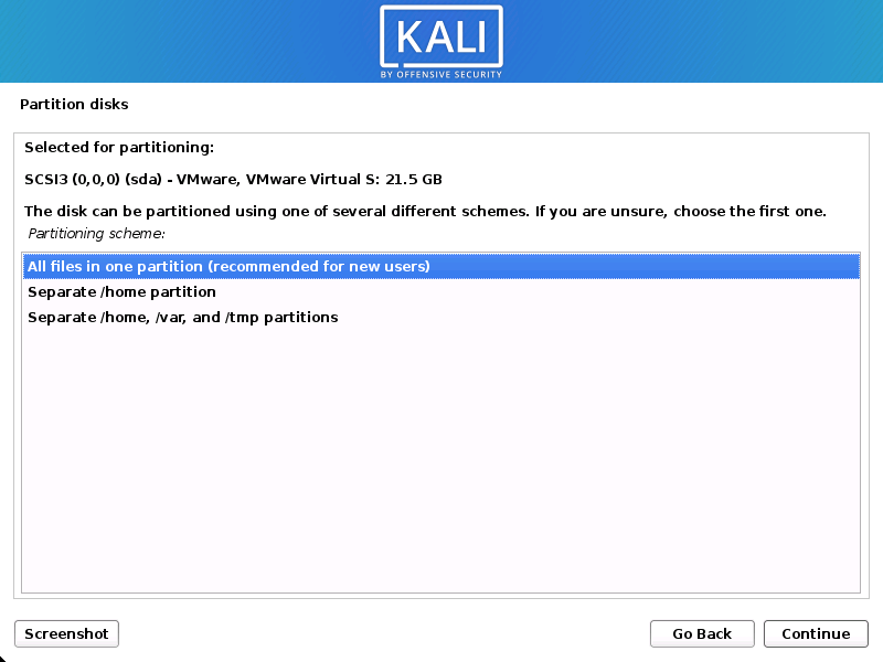 Kali Linux all file on one disk partition